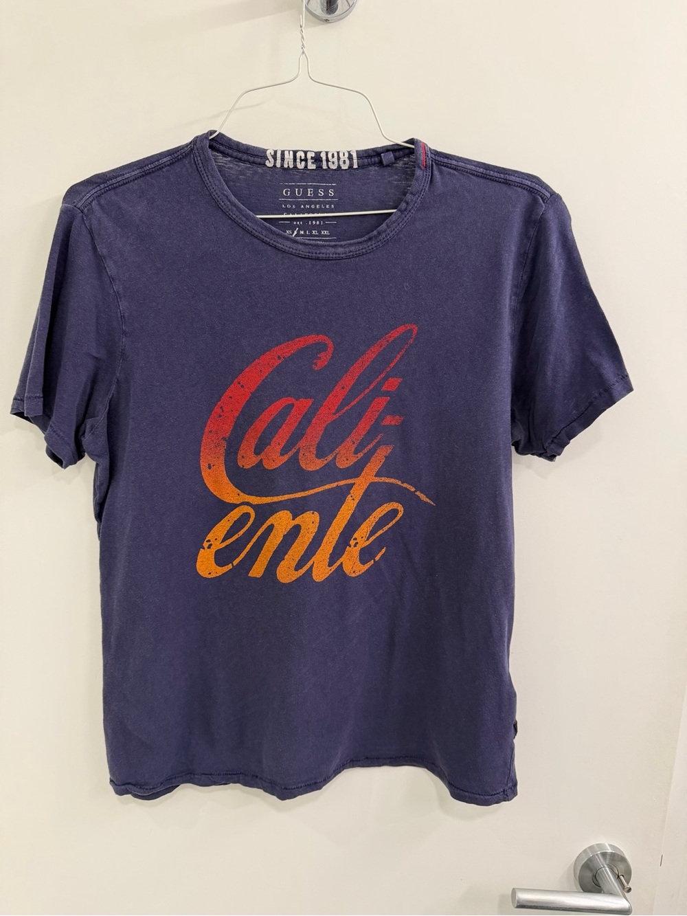 Guess Navy Graphic Tee with Red-to-Orange 'Caliente' Script